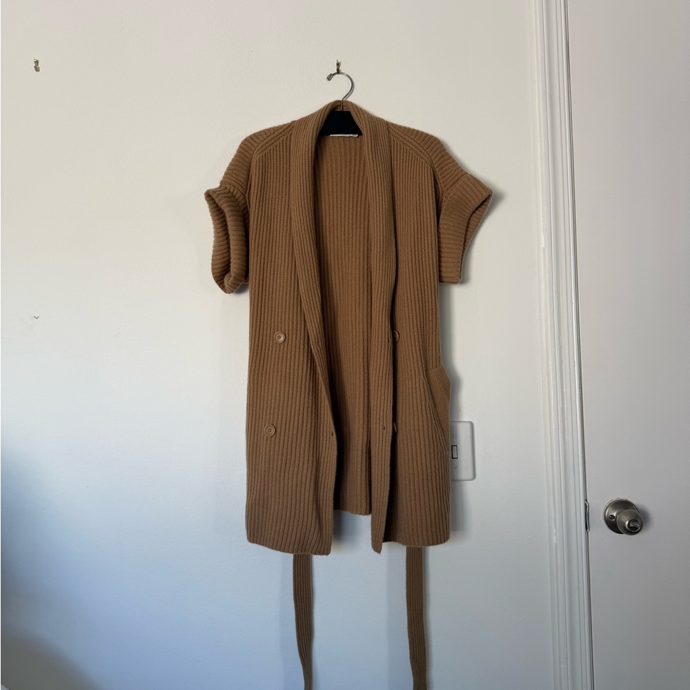 Short Sleeve Ribbed Open Front Cardigan - Camel